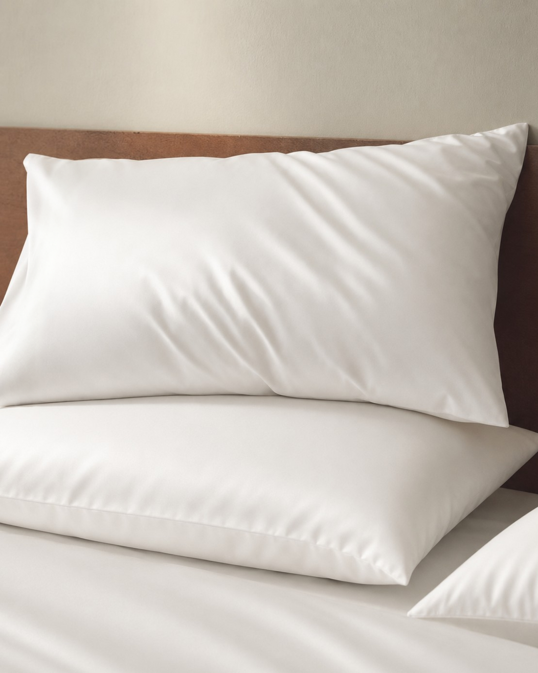 Two Pearl White silk pillowcases stacked on a made bed against a wooden headboard