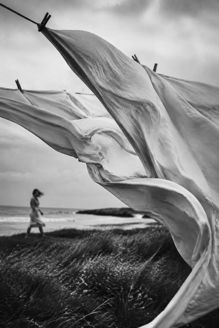 Black and white photo of white sheets billowing on a clothesline by the coast