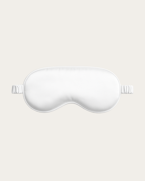 Pearl White silk sleep mask with curved eye cups and side elastic straps