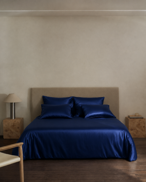 Navy Blue silk bedding set with a duvet cover and two matching pillow shams
