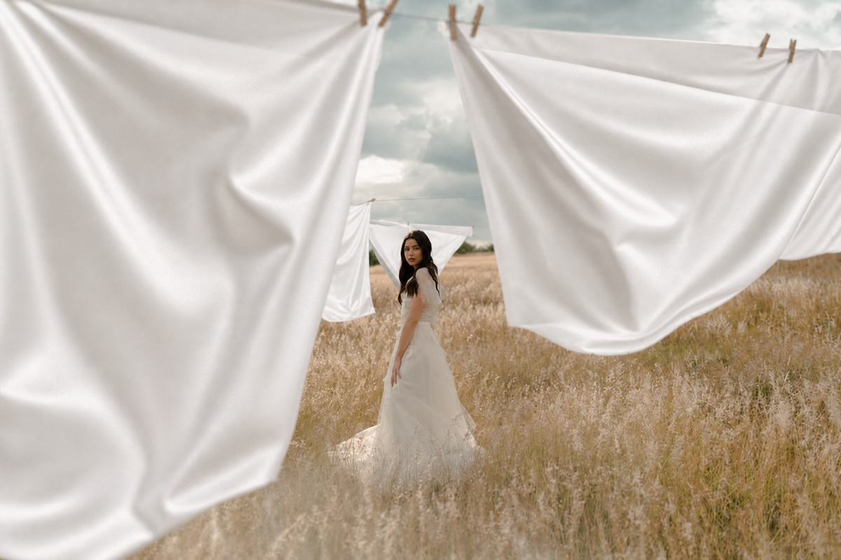 Woman in white dress standing in a golden field beside billowing white sheets
