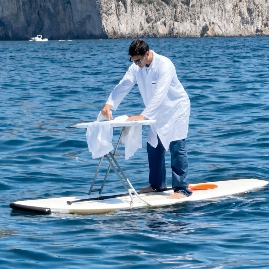 Man ironing white fabric on an ironing board balanced on a paddleboard at sea